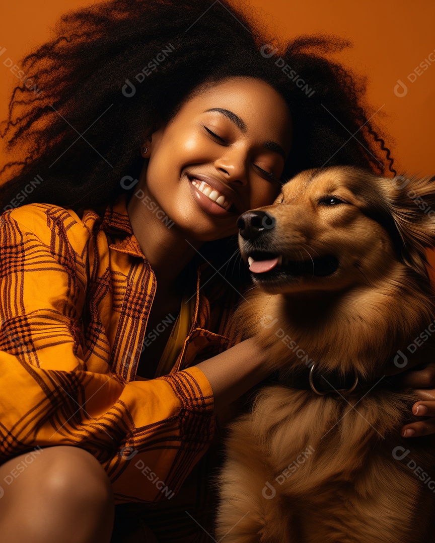 Uma mulher negra com seu cachorro acariciando seu cachorro em um fundo bronzeado
