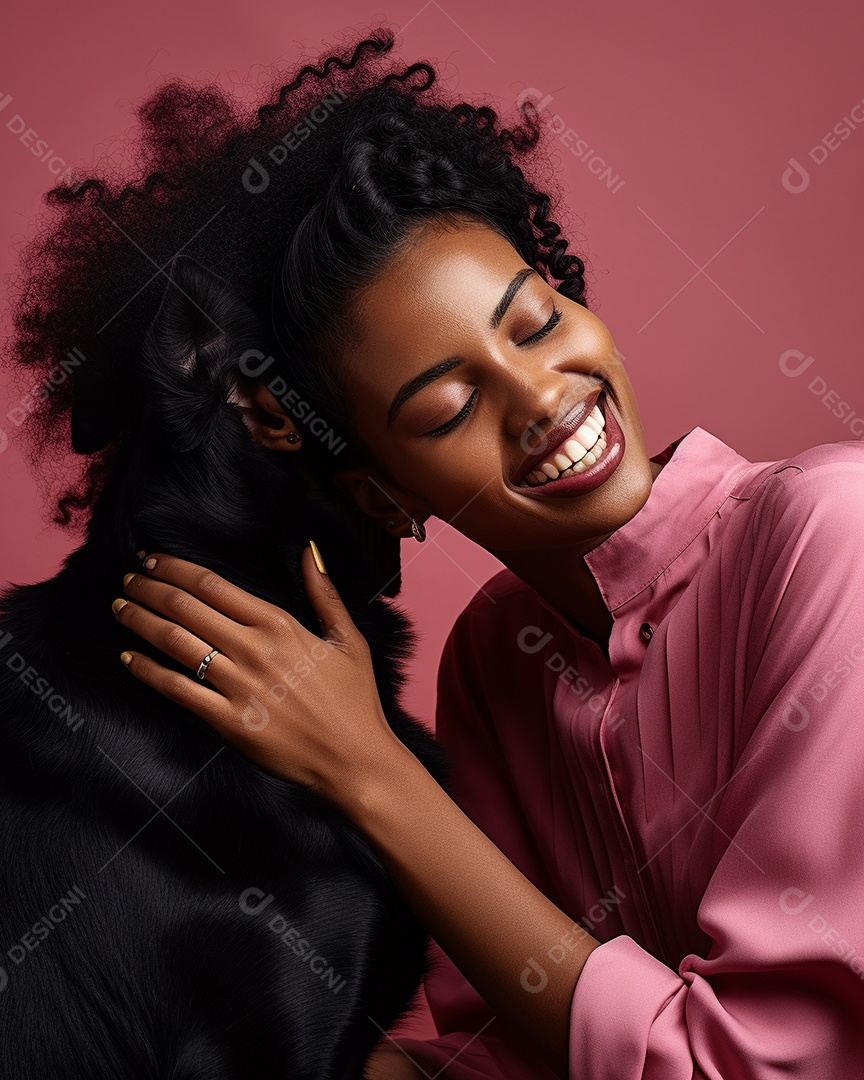 Uma mulher negra com seu cachorro acariciando seu cachorro em um fundo bronzeado