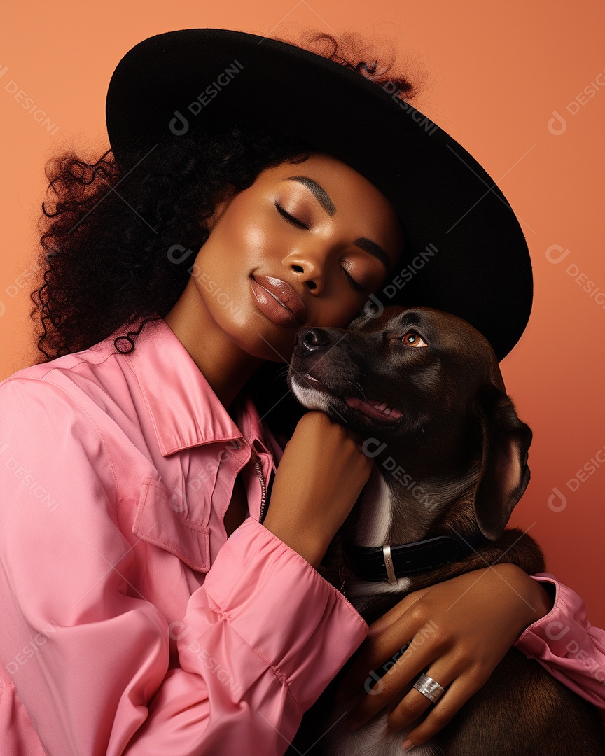 Uma mulher negra com seu cachorro acariciando seu cachorro em um fundo bronzeado
