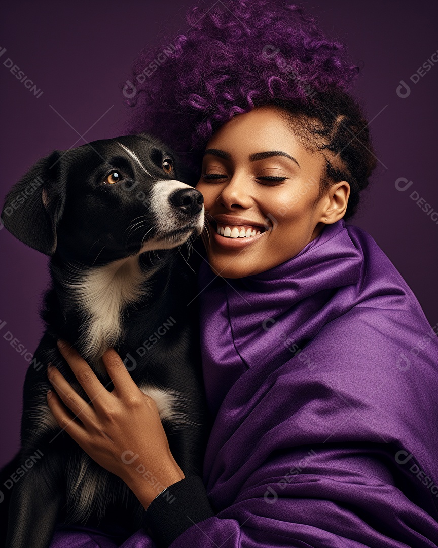 Uma mulher negra com seu cachorro acariciando seu cachorro em um fundo bronzeado