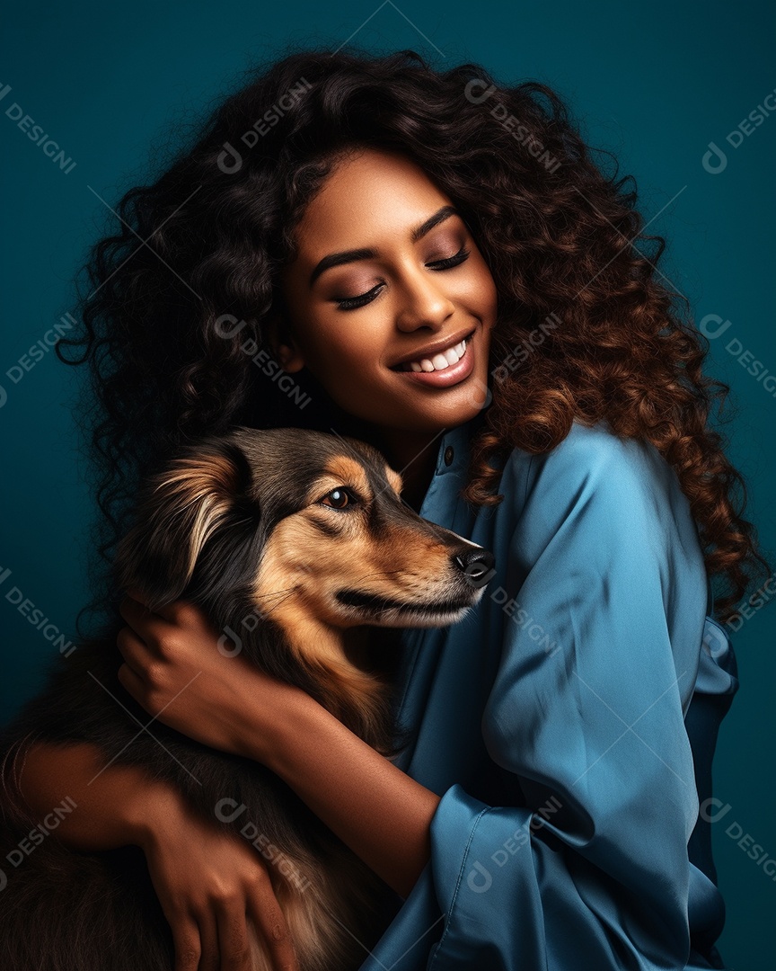 Uma mulher negra com seu cachorro acariciando seu cachorro em um fundo bronzeado