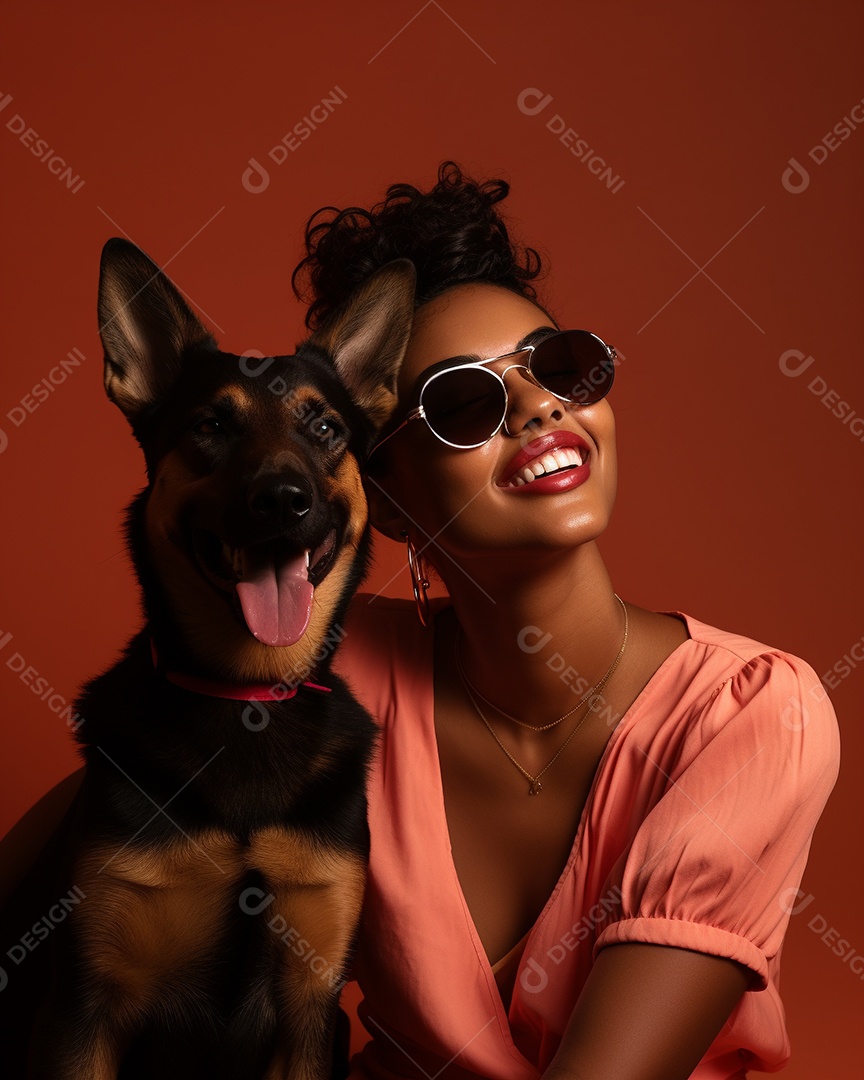 Uma mulher negra com seu cachorro acariciando seu cachorro em um fundo bronzeado