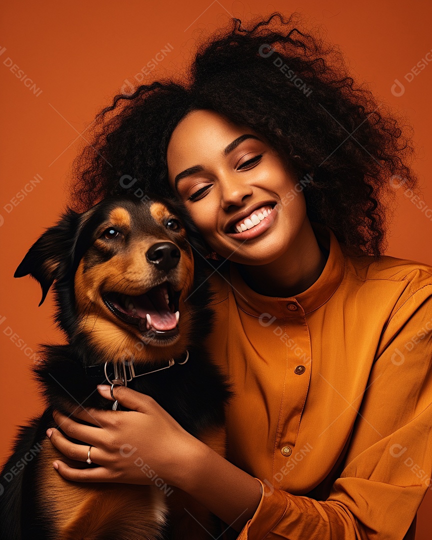 Uma mulher negra com seu cachorro acariciando seu cachorro em um fundo bronzeado