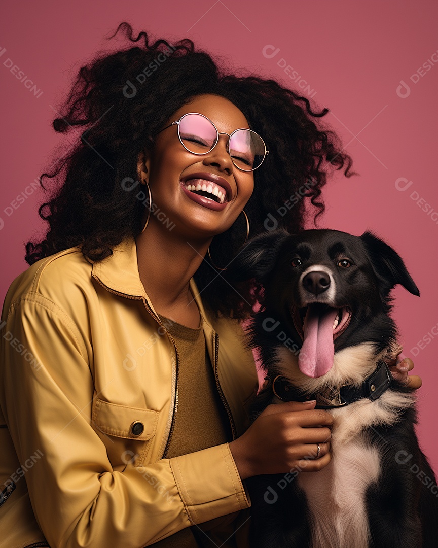 Uma mulher negra com seu cachorro acariciando seu cachorro em um fundo bronzeado