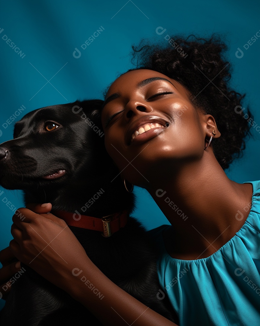 Uma mulher negra com seu cachorro acariciando seu cachorro em um fundo bronzeado