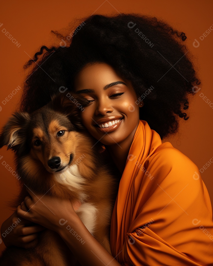Uma mulher negra com seu cachorro acariciando seu cachorro em um fundo bronzeado
