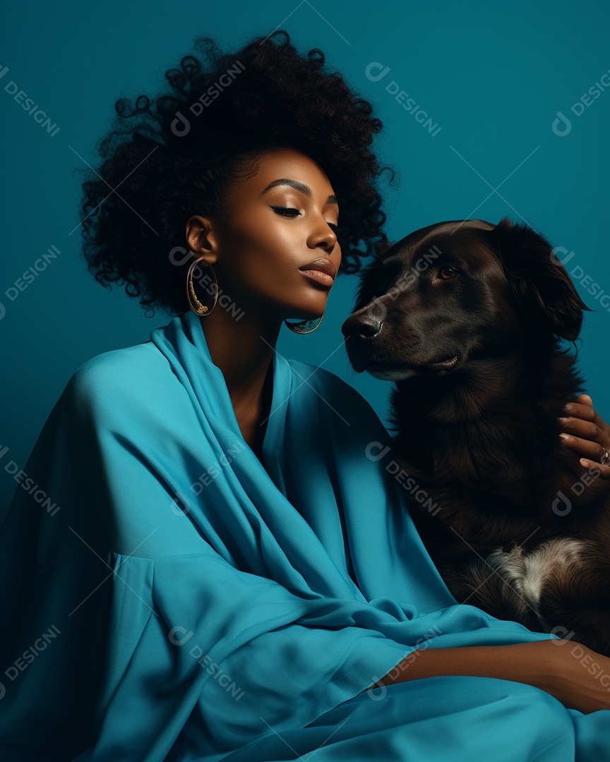 Uma mulher negra com seu cachorro acariciando seu cachorro em um fundo bronzeado