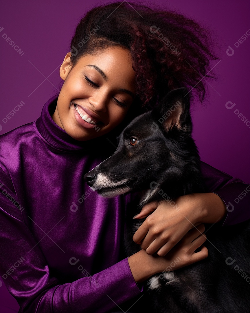 Uma mulher negra com seu cachorro acariciando seu cachorro em um fundo bronzeado