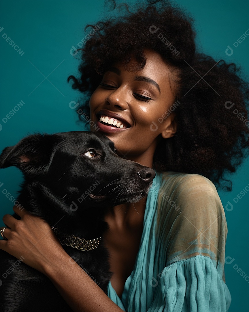 Uma mulher negra com seu cachorro acariciando seu cachorro em um fundo bronzeado