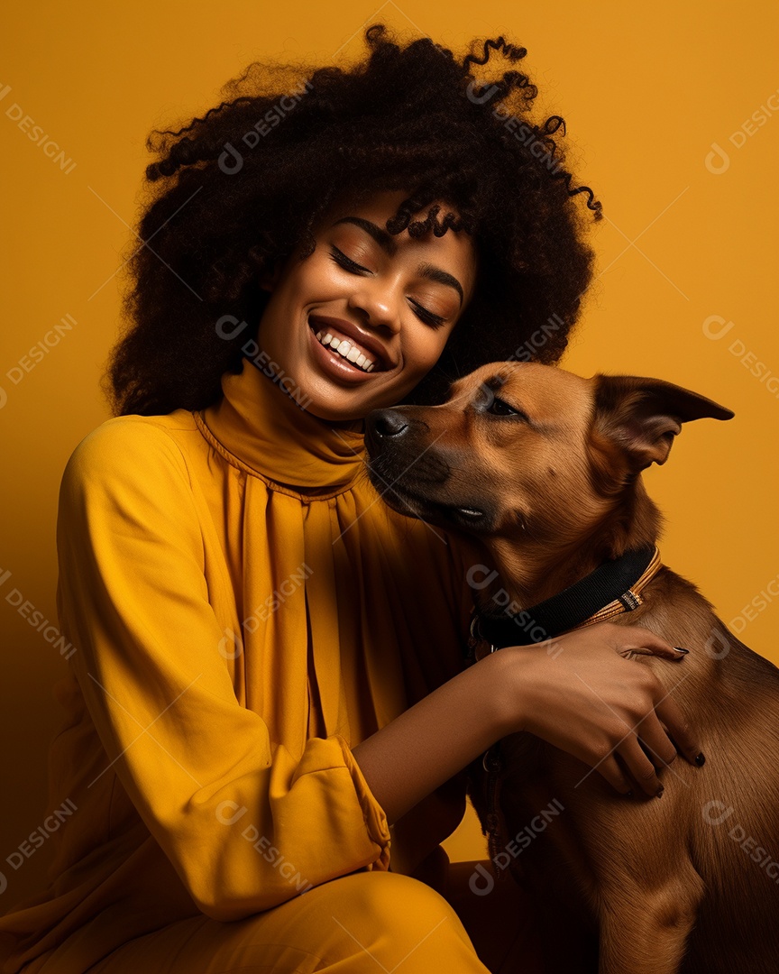 Uma mulher negra com seu cachorro acariciando seu cachorro em um fundo bronzeado