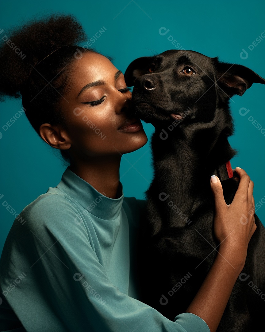 Uma mulher negra com seu cachorro acariciando seu cachorro em um fundo bronzeado