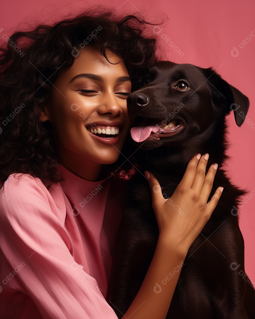 Uma mulher negra com seu cachorro acariciando seu cachorro em um fundo bronzeado