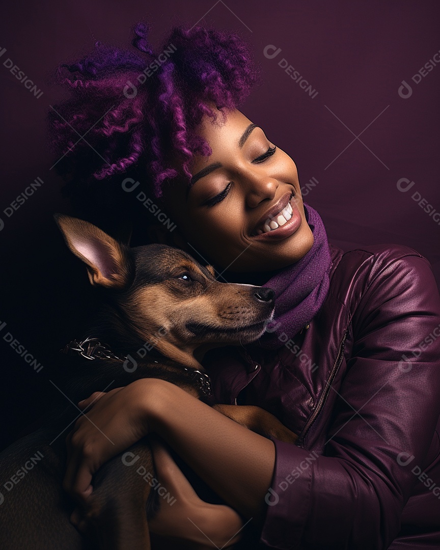Uma mulher negra com seu cachorro acariciando seu cachorro em um fundo bronzeado