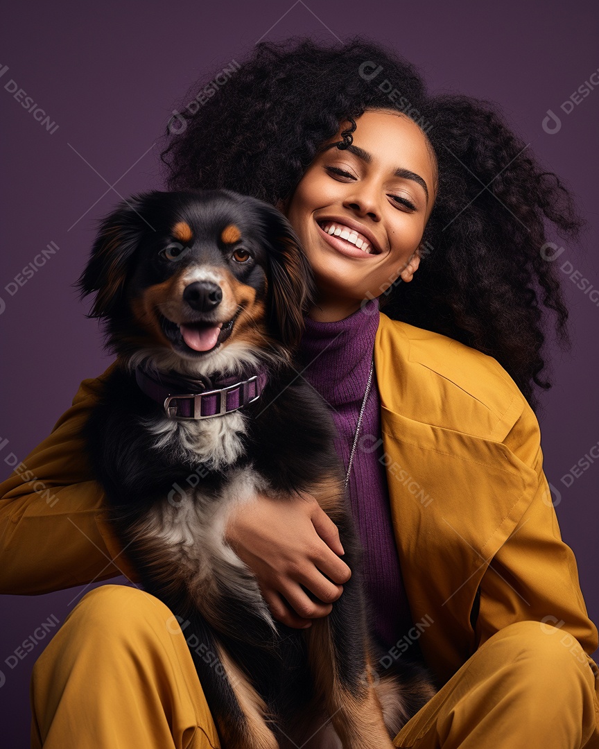 Uma mulher negra com seu cachorro acariciando seu cachorro em um fundo bronzeado