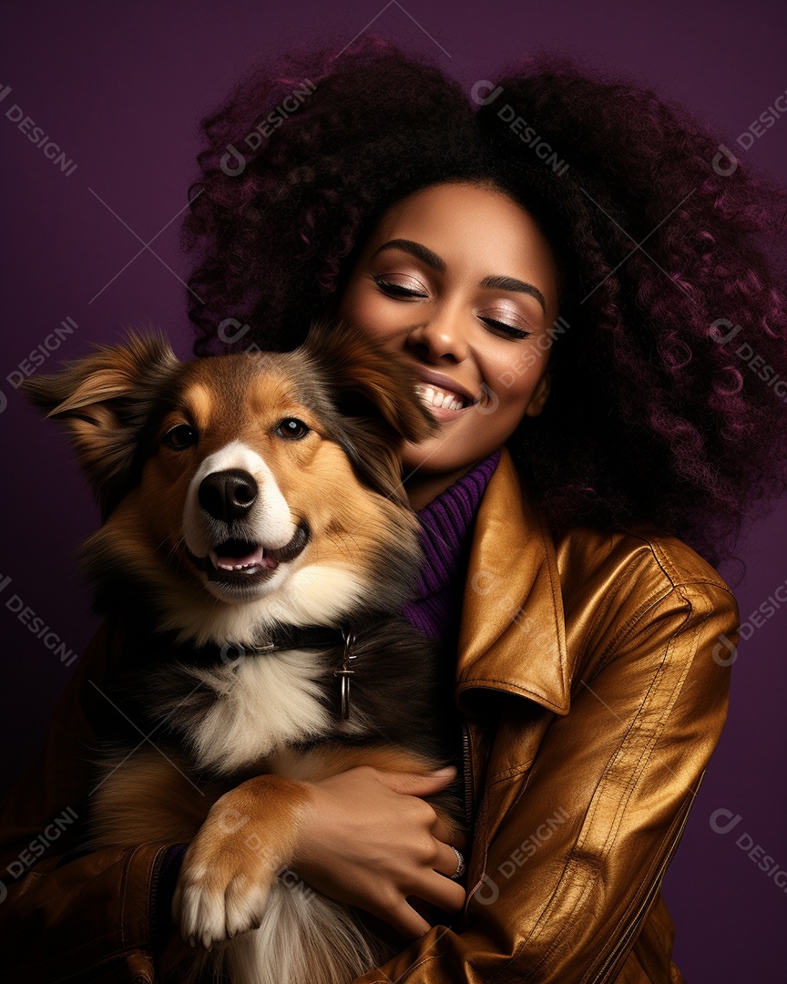 Uma mulher negra com seu cachorro acariciando seu cachorro em um fundo bronzeado