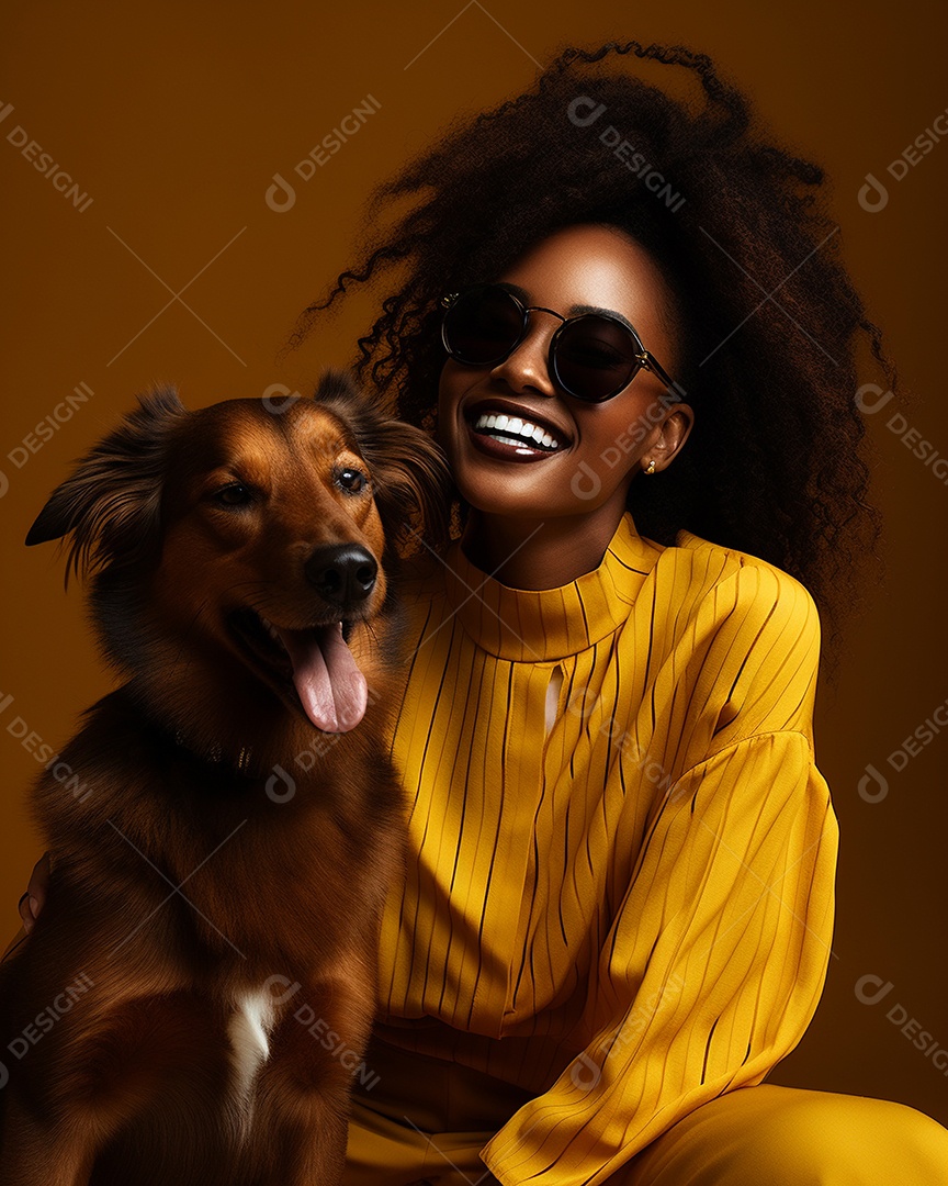 Uma mulher negra com seu cachorro acariciando seu cachorro em um fundo bronzeado