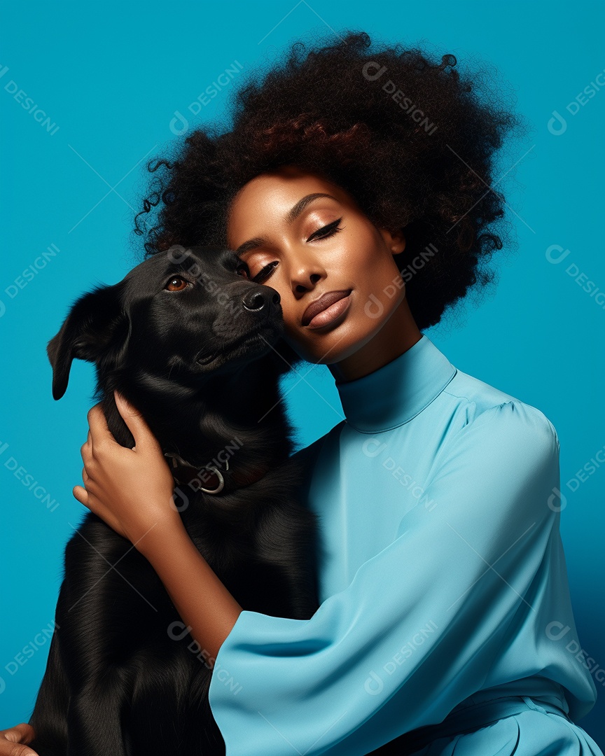 Uma mulher negra com seu cachorro acariciando seu cachorro em um fundo bronzeado