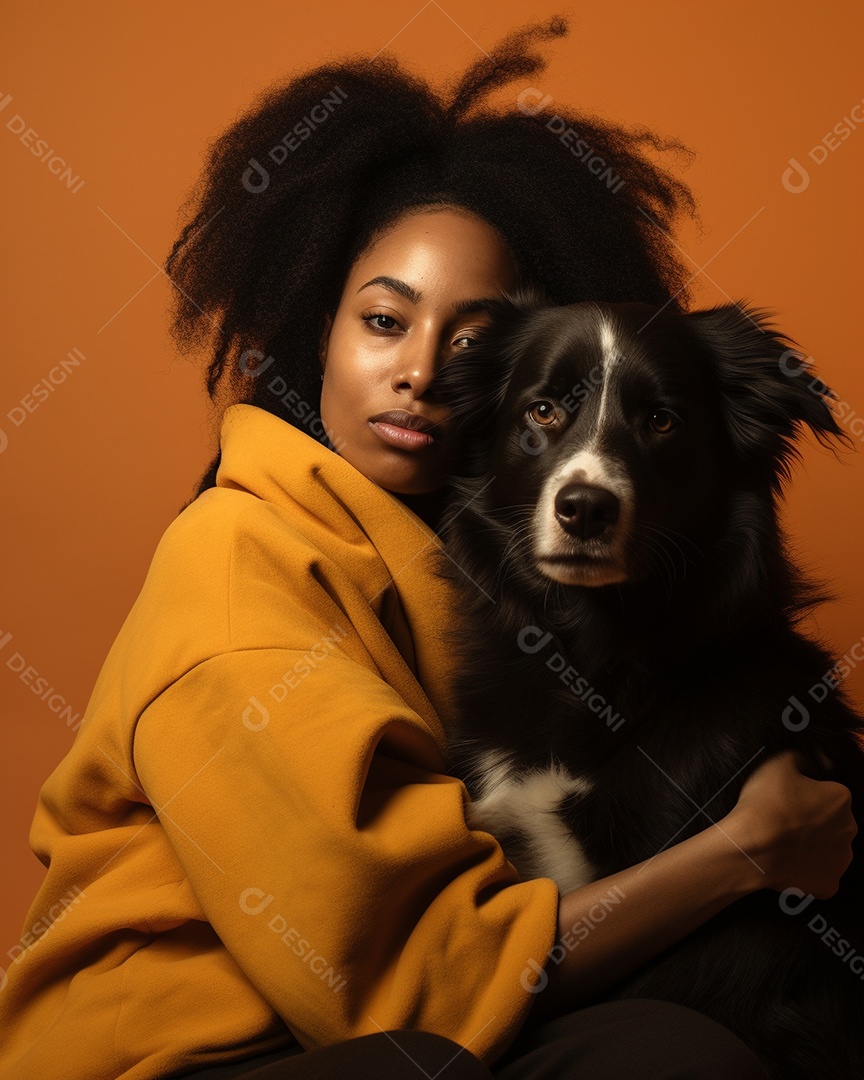 Uma mulher negra com seu cachorro acariciando seu cachorro em um fundo bronzeado