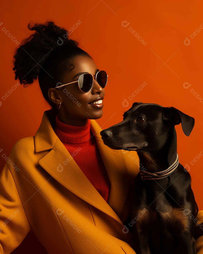 Uma mulher negra com seu cachorro acariciando seu cachorro em um fundo bronzeado
