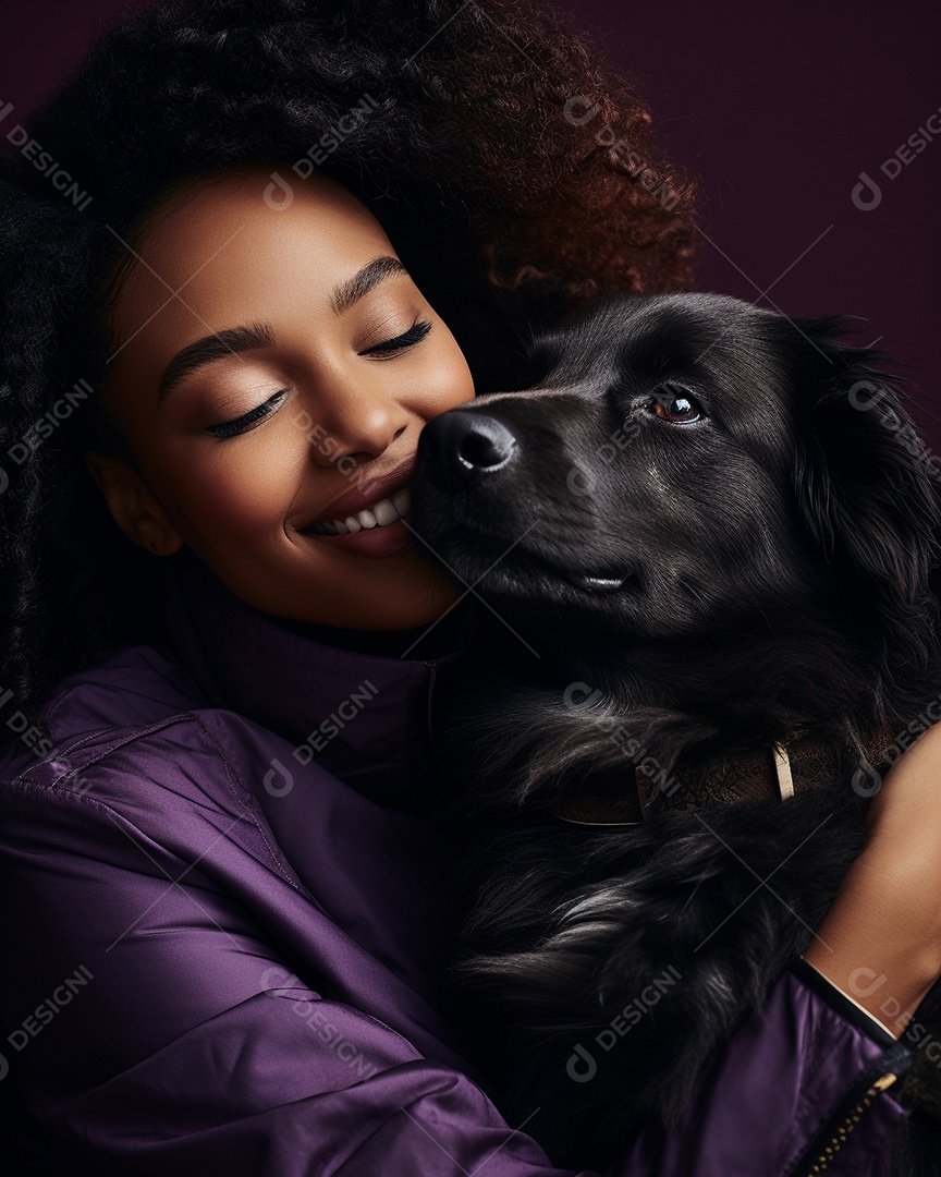 Uma mulher negra com seu cachorro acariciando seu cachorro em um fundo bronzeado