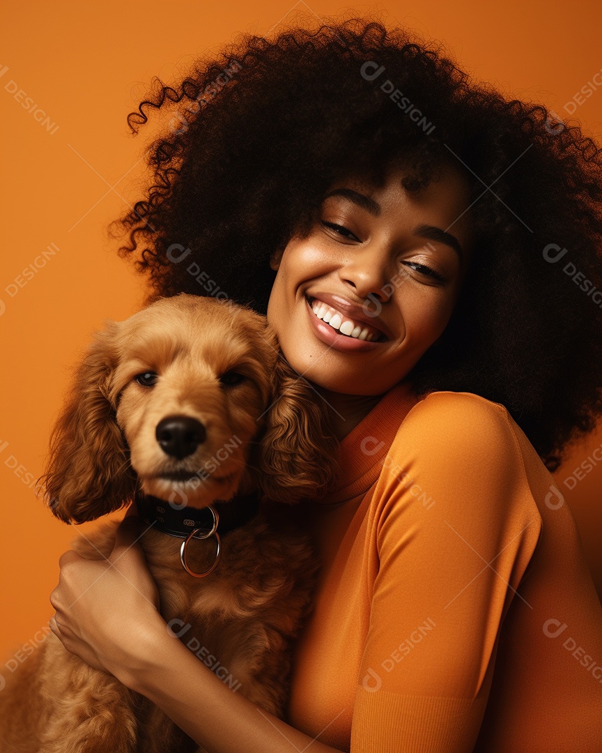 Uma mulher negra com seu cachorro acariciando seu cachorro em um fundo colorido