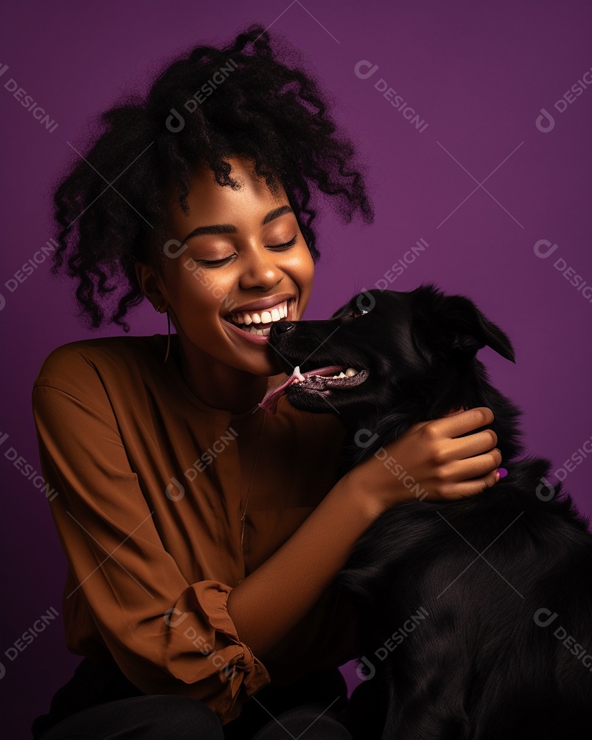 Uma mulher negra com seu cachorro acariciando seu cachorro em um fundo colorido