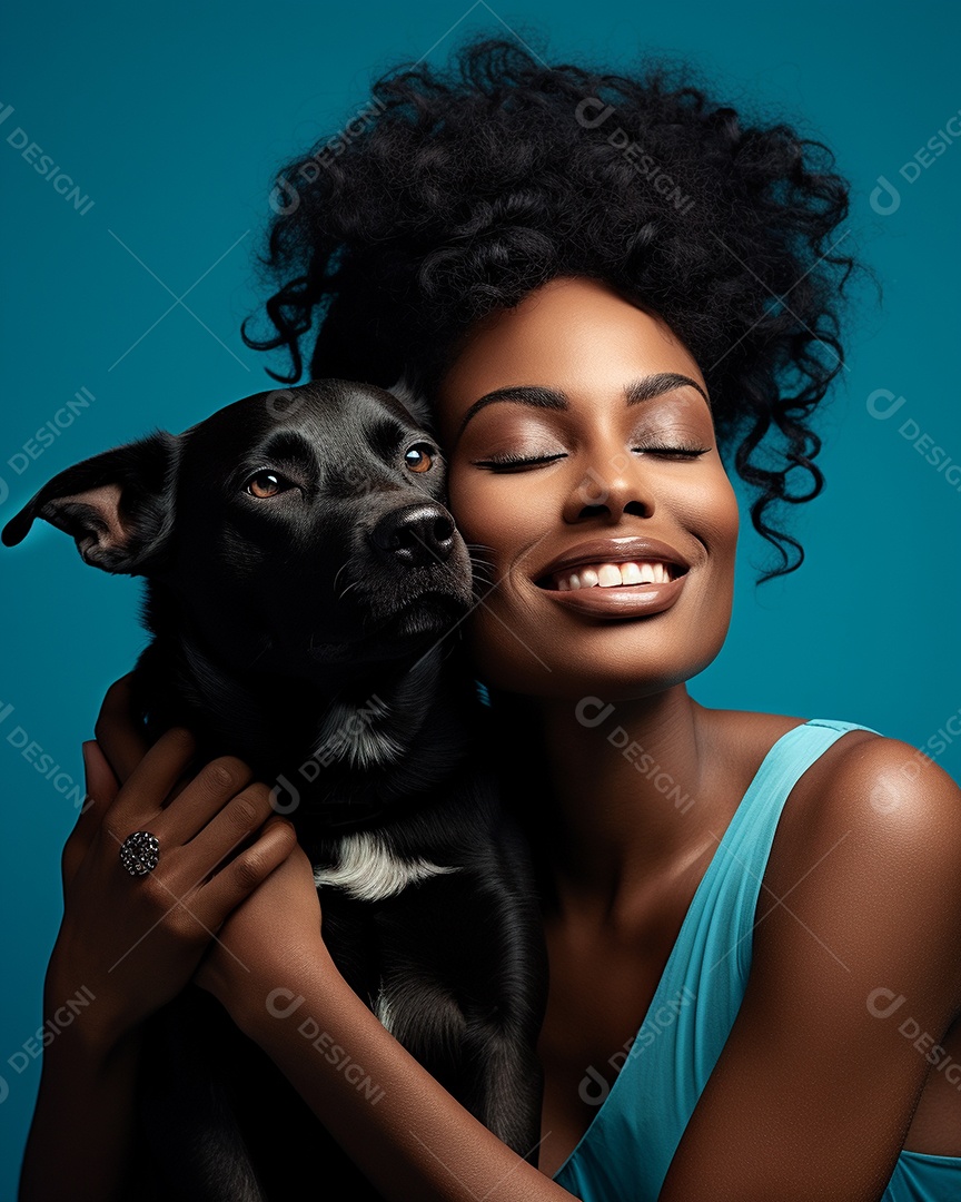 Uma mulher negra com seu cachorro acariciando seu cachorro em um fundo colorido