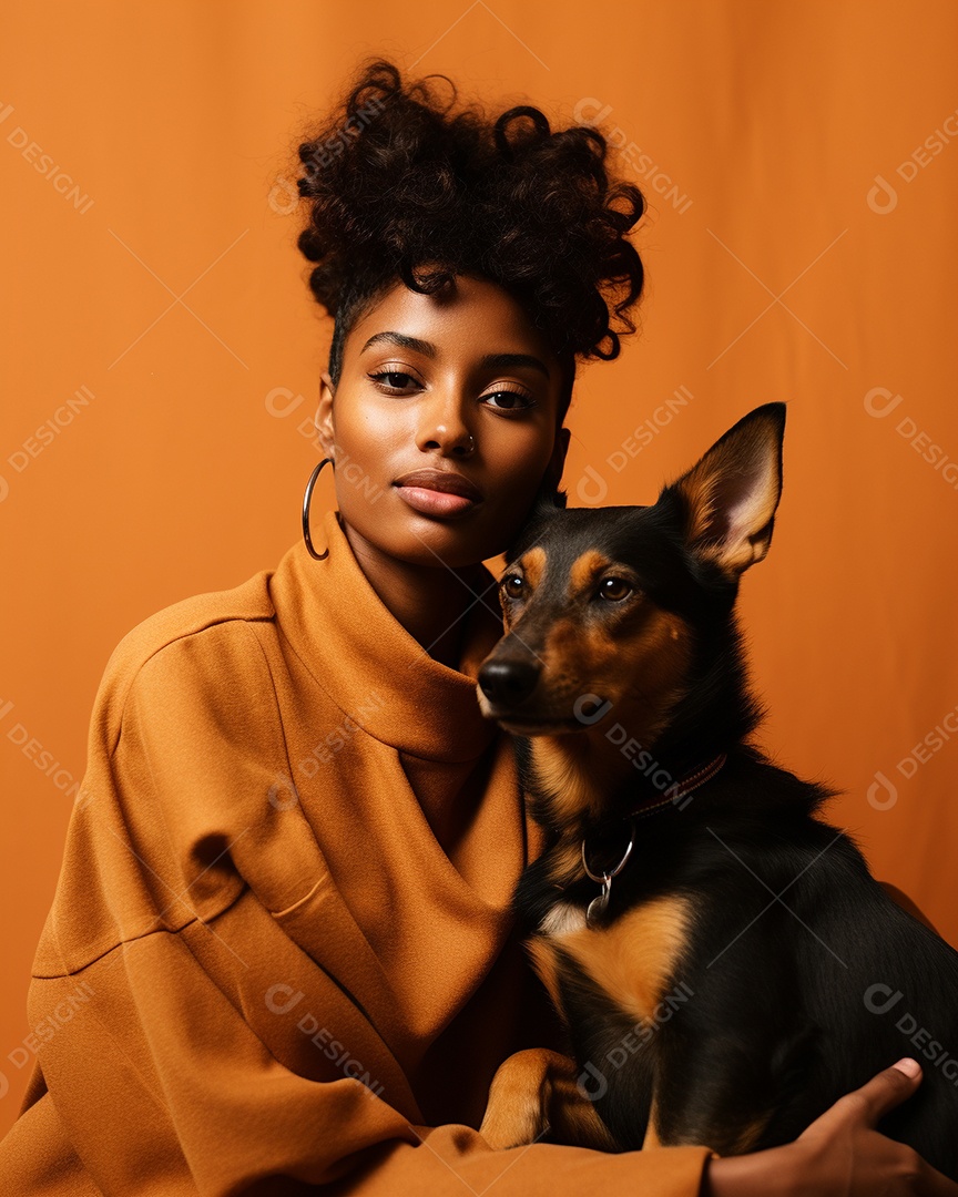 Uma mulher negra com seu cachorro acariciando seu cachorro em um fundo colorido
