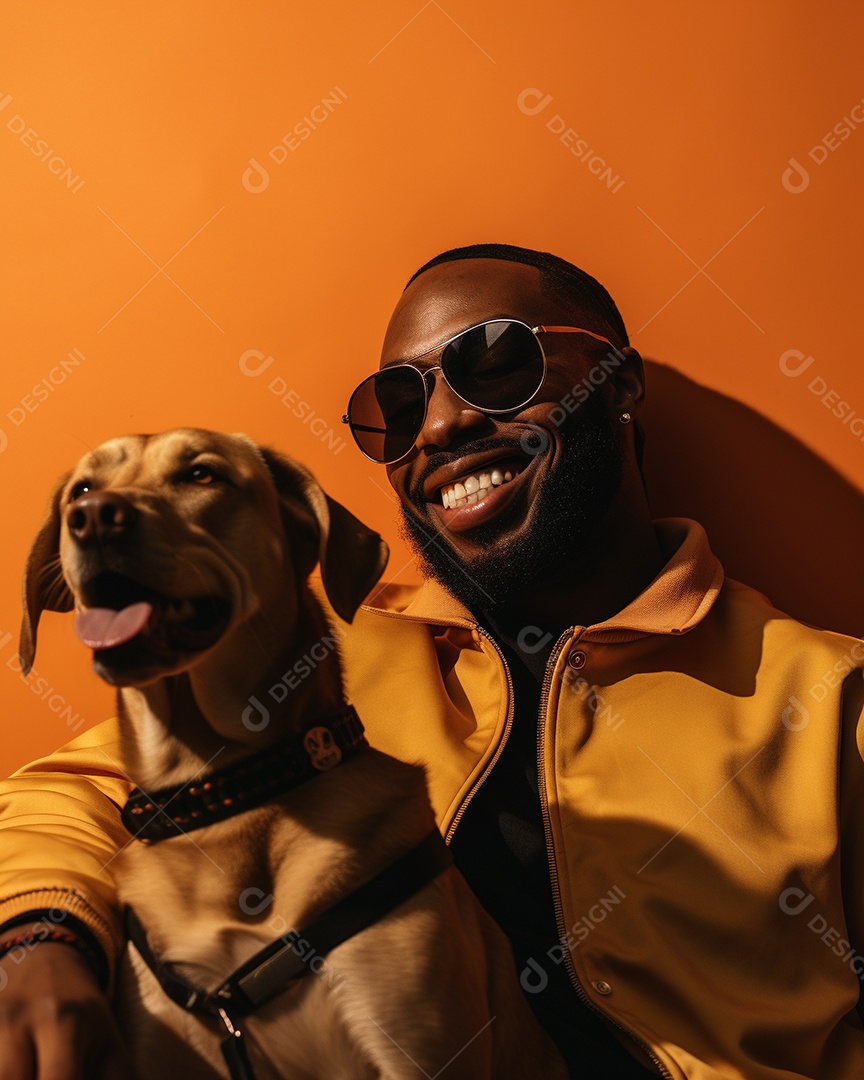 Homem negro com seu cachorro acariciando seu cachorro em um fundo colorido