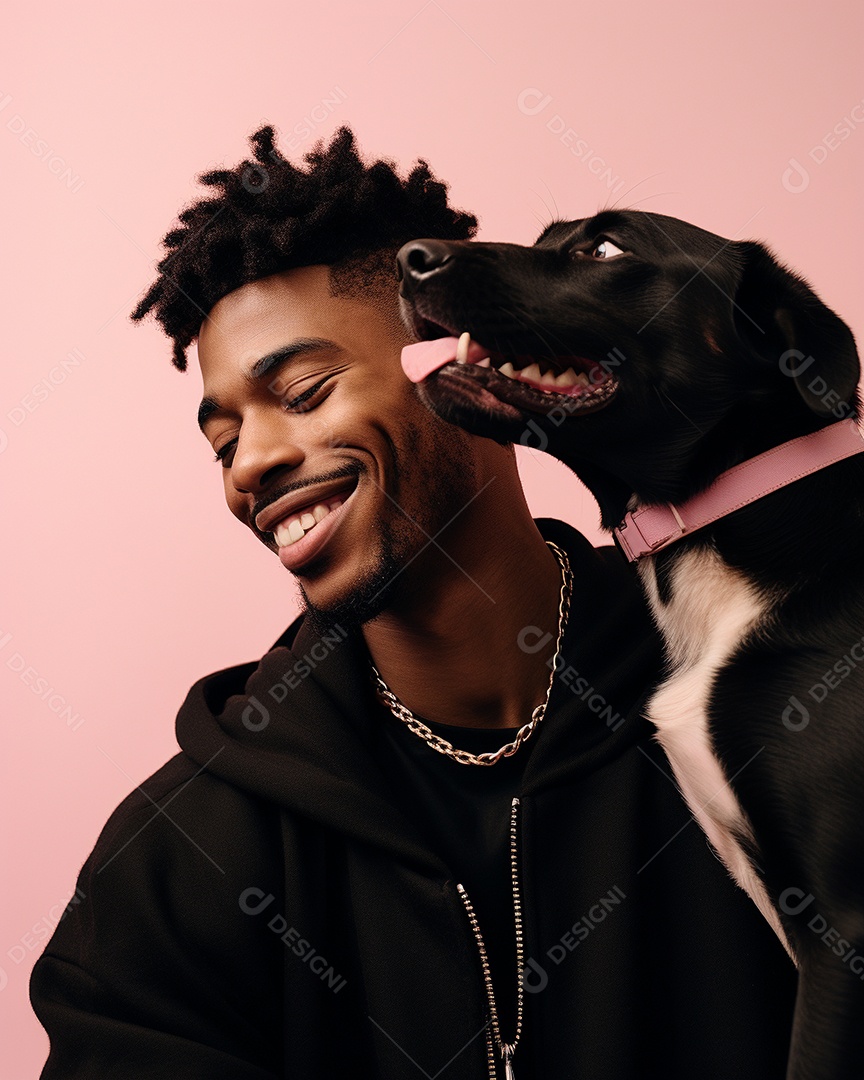 Homem negro com seu cachorro acariciando seu cachorro em um fundo colorido