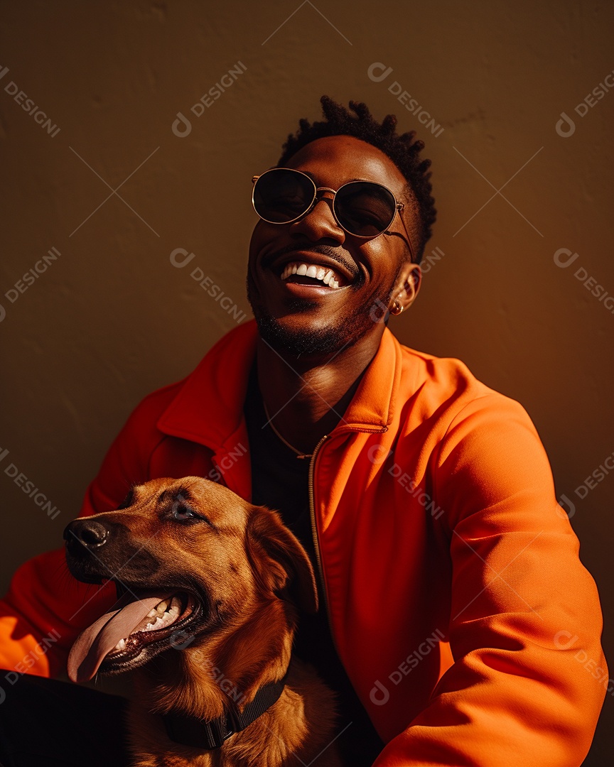 Homem negro com seu cachorro acariciando seu cachorro em um fundo colorido