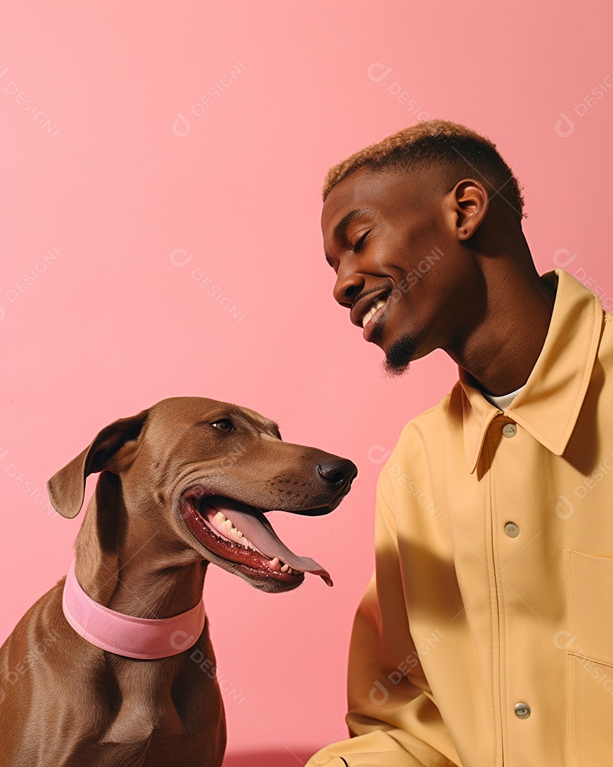 Homem negro com seu cachorro acariciando seu cachorro em um fundo colorido