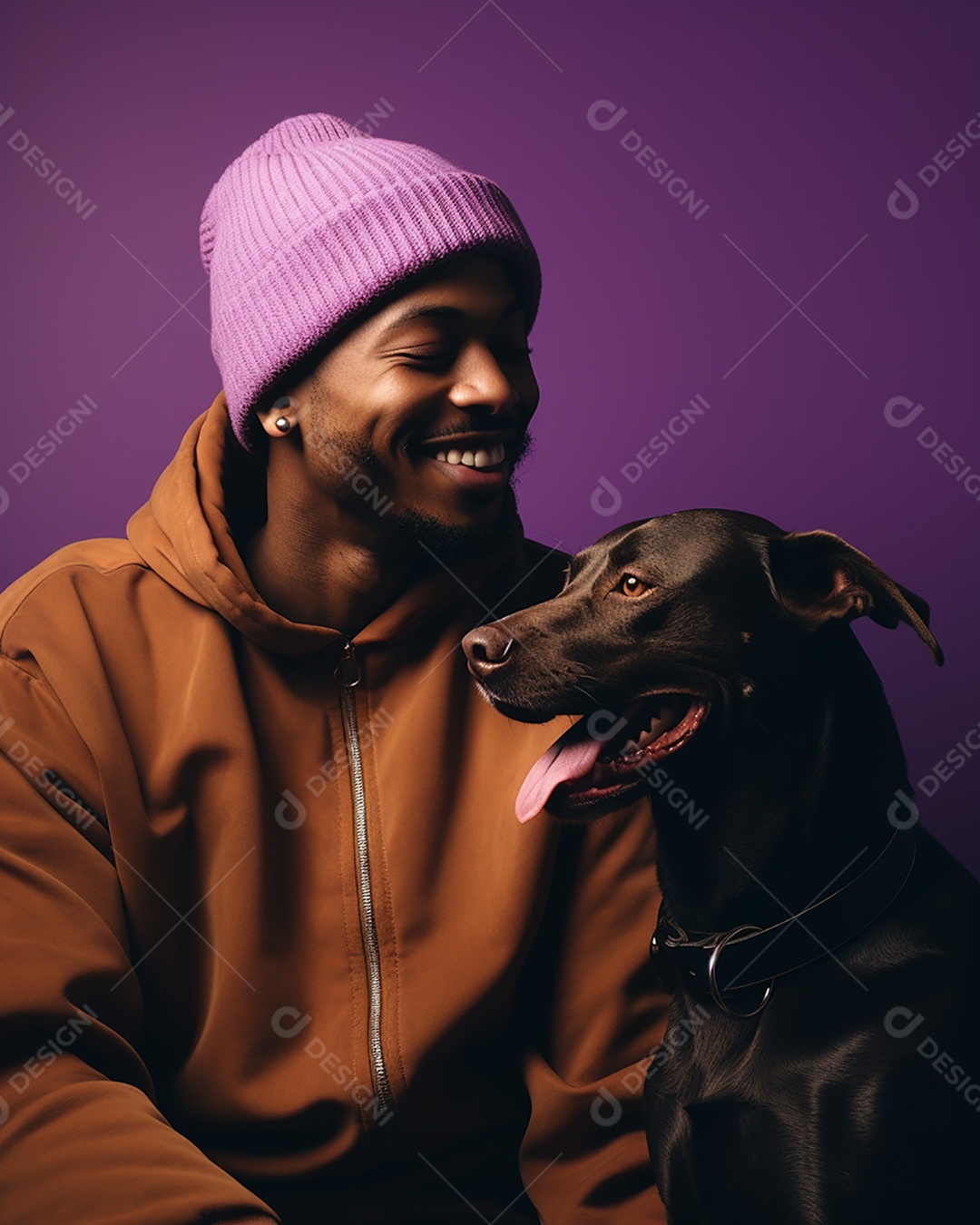 Homem negro com seu cachorro acariciando seu cachorro em um fundo colorido