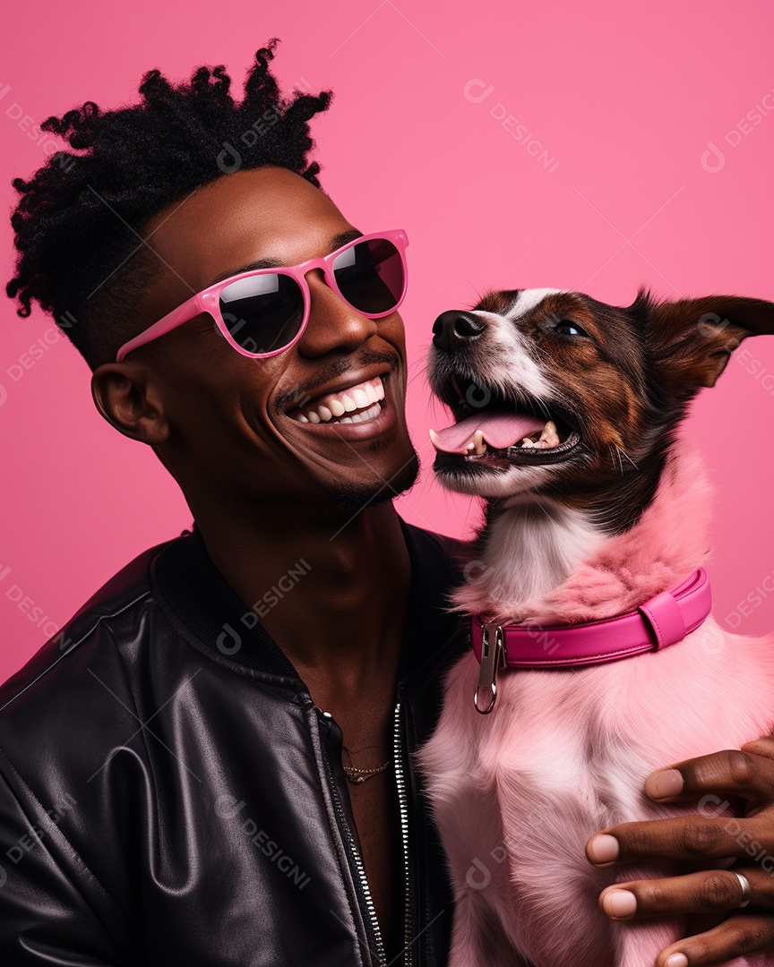 Homem negro com seu cachorro acariciando seu cachorro em um fundo colorido