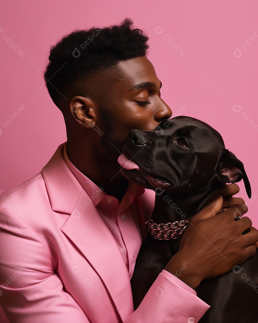 Homem negro com seu cachorro acariciando seu cachorro em um fundo colorido
