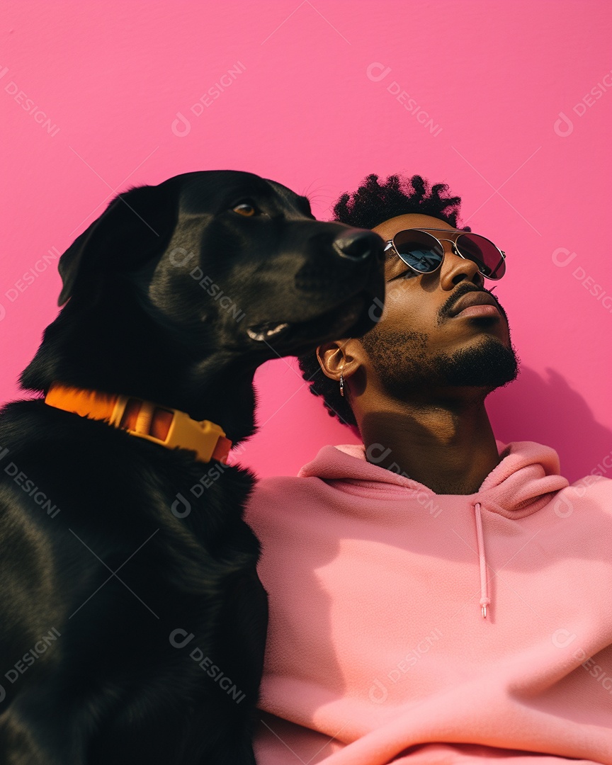 Homem negro com seu cachorro acariciando seu cachorro em um fundo colorido