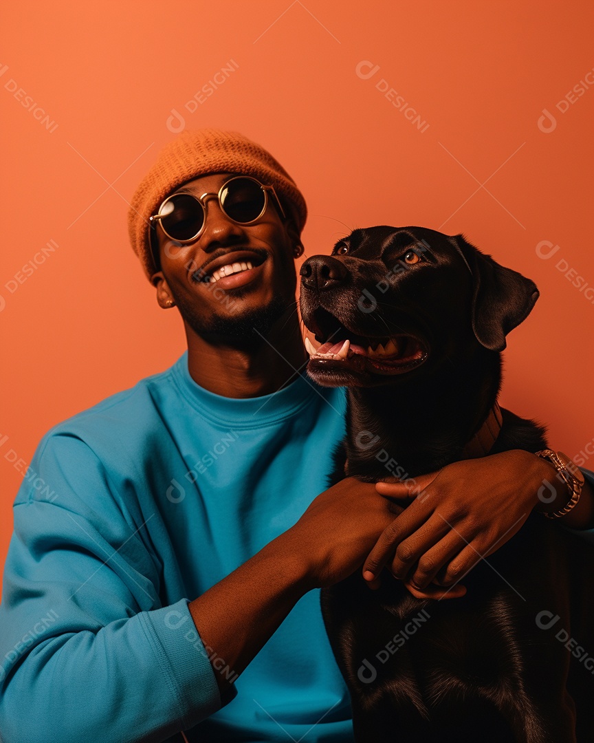 Homem negro com seu cachorro acariciando seu cachorro em um fundo colorido
