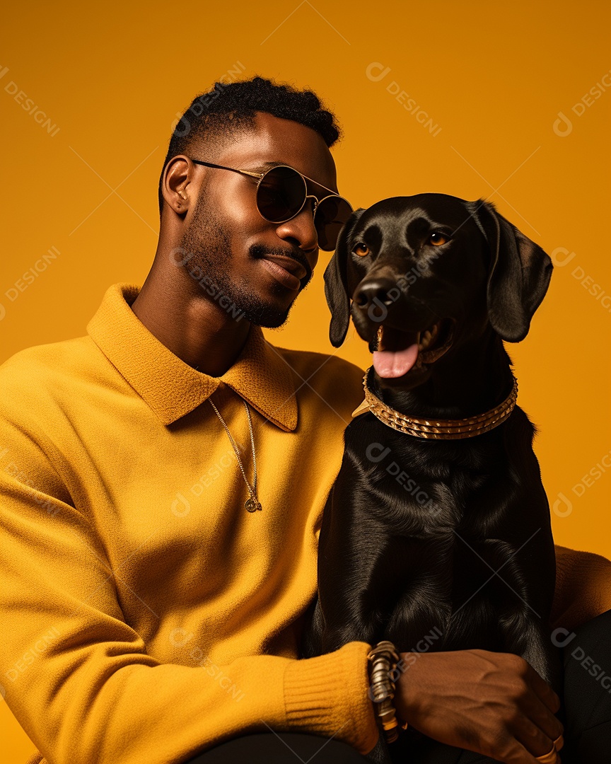 Homem negro com seu cachorro acariciando seu cachorro em um fundo colorido