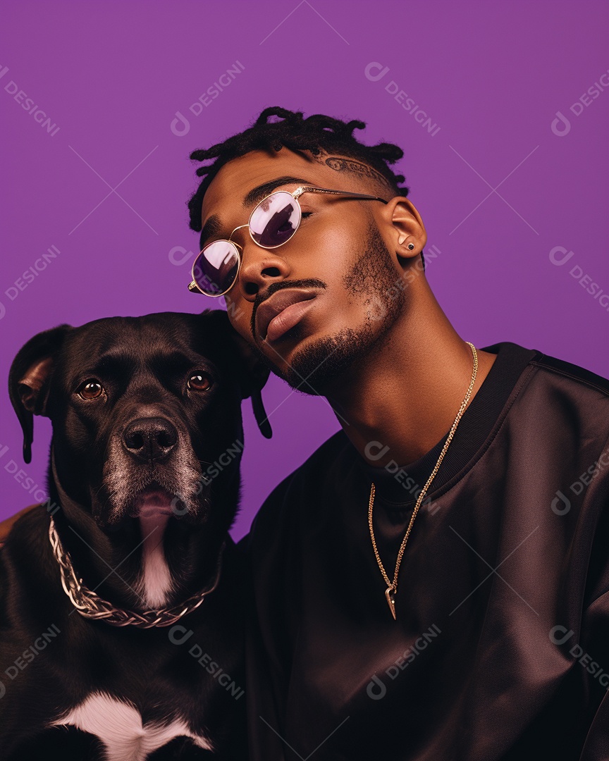 Homem negro com seu cachorro acariciando seu cachorro em um fundo colorido