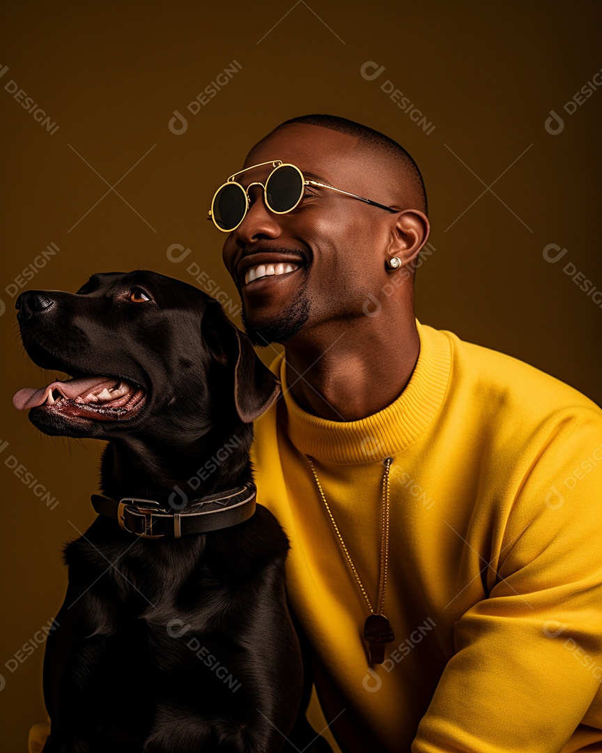 Uma mulher negra com seu cachorro acariciando seu cachorro em um fundo bronzeado