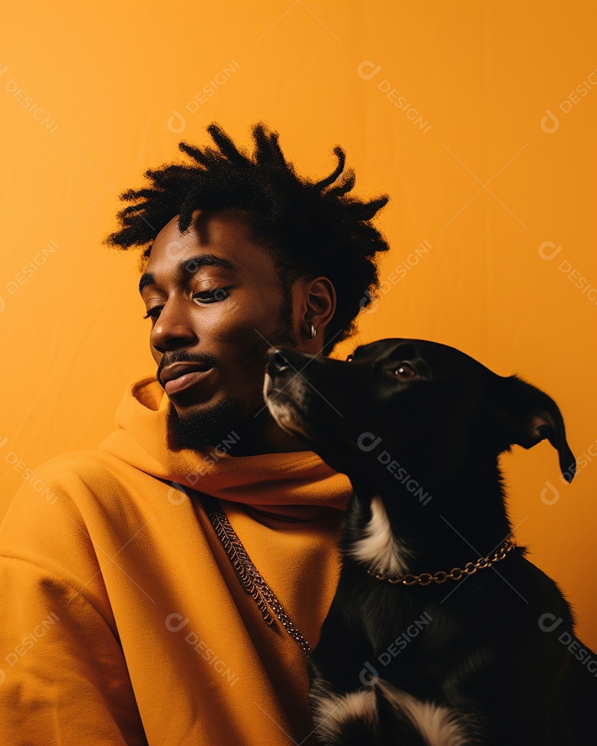 Homem negro com seu cachorro acariciando seu cachorro em um fundo colorido