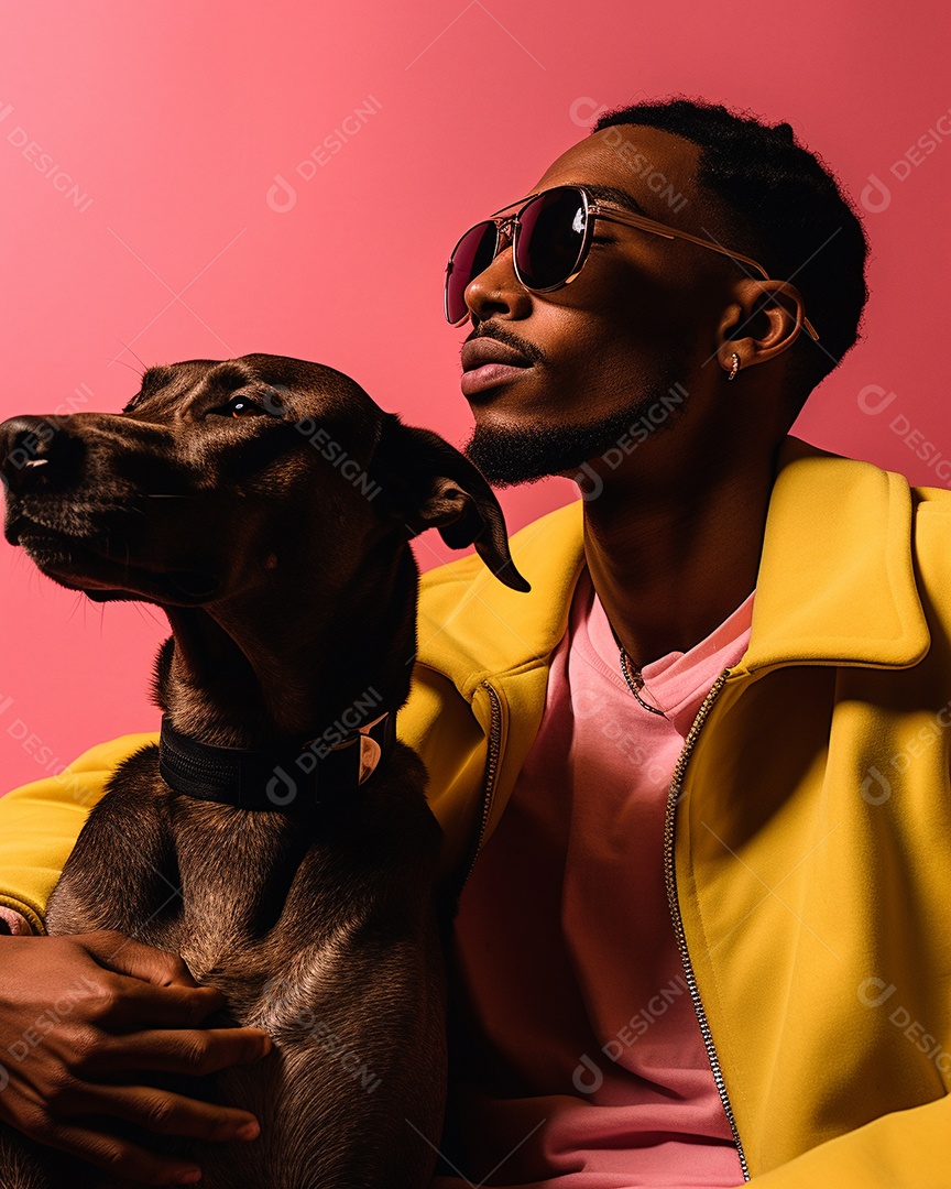 Homem negro com seu cachorro acariciando seu cachorro em um fundo colorido