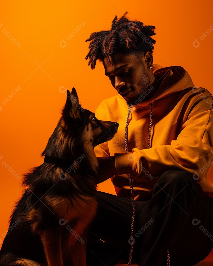Homem negro com seu cachorro acariciando seu cachorro em um fundo colorido