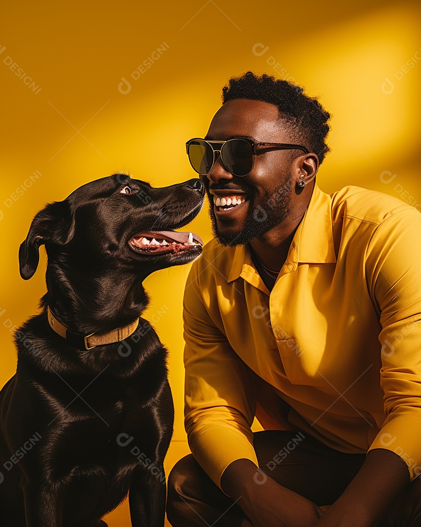 Homem negro com seu cachorro acariciando seu cachorro em um fundo colorido