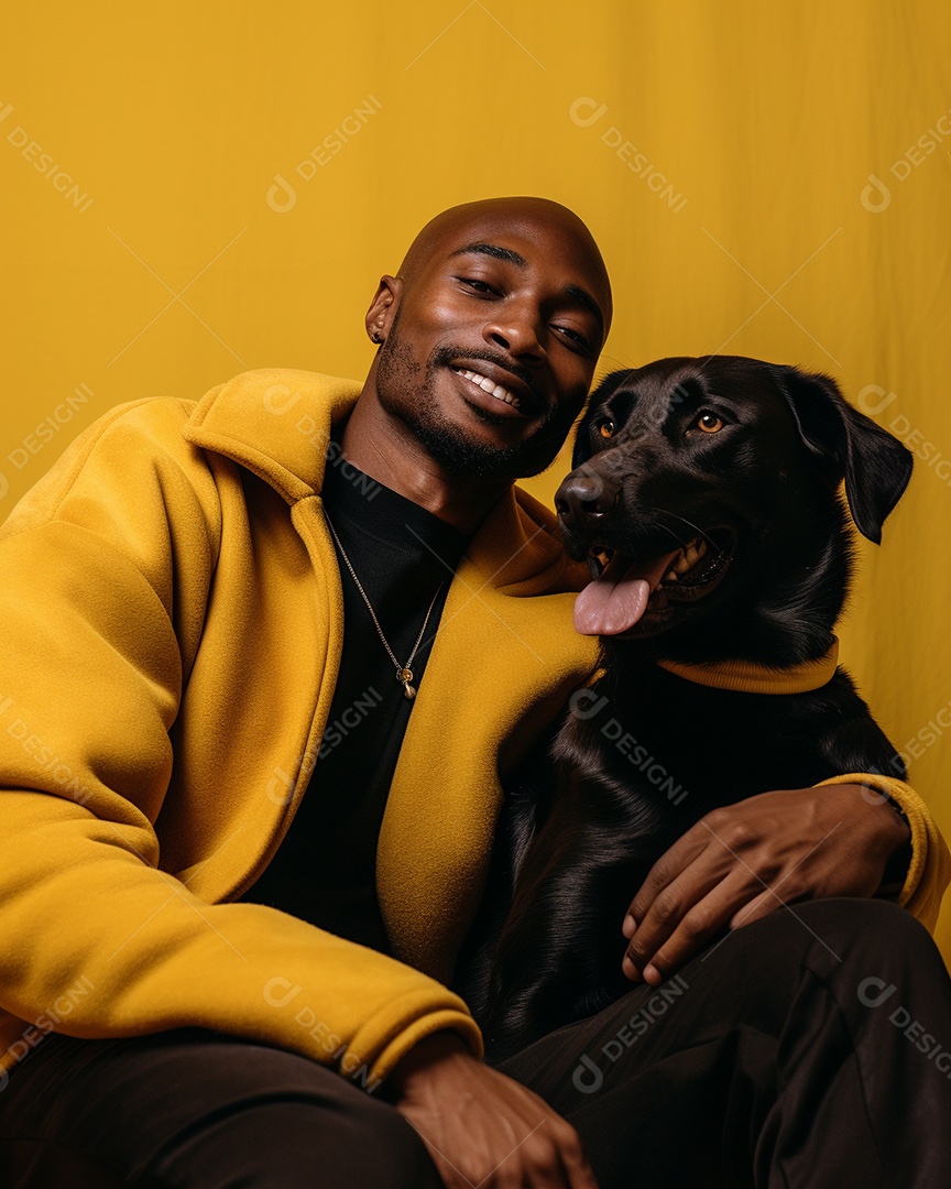 Homem negro com seu cachorro acariciando seu cachorro em um fundo colorido