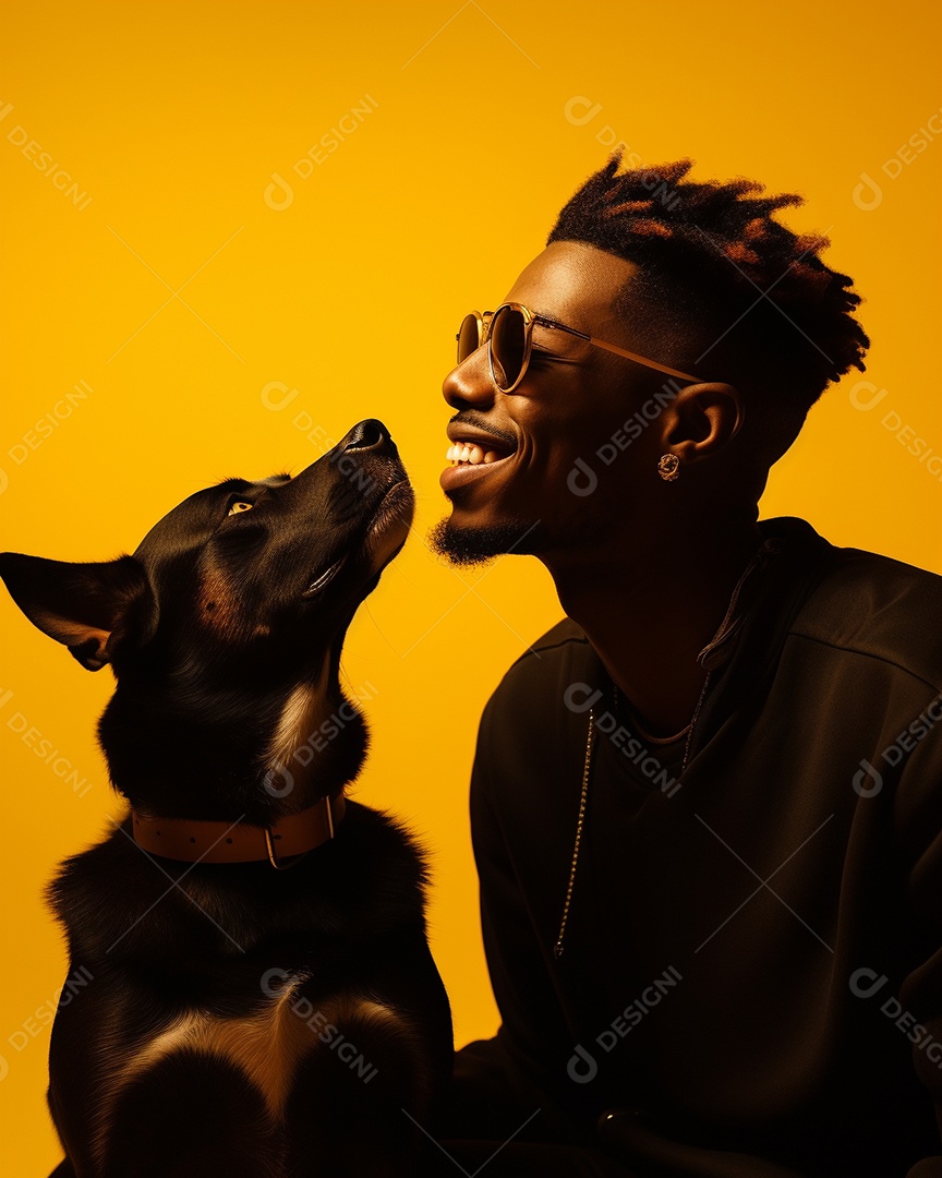 Homem negro com seu cachorro acariciando seu cachorro em um fundo colorido