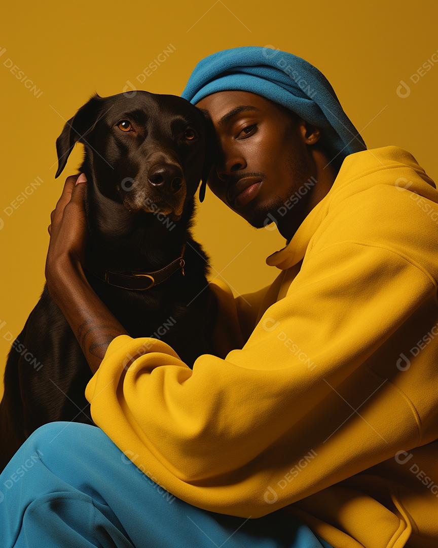 Homem negro com seu cachorro acariciando seu cachorro em um fundo colorido