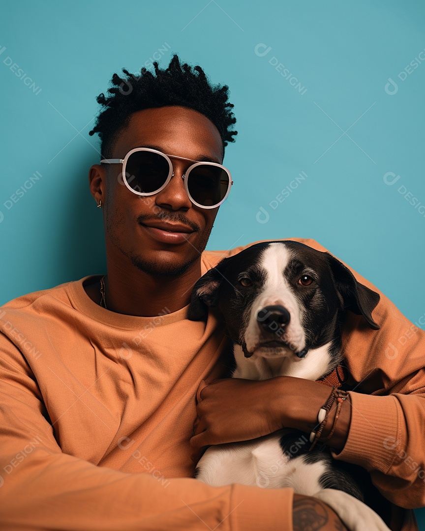 Homem negro com seu cachorro acariciando seu cachorro em um fundo colorido