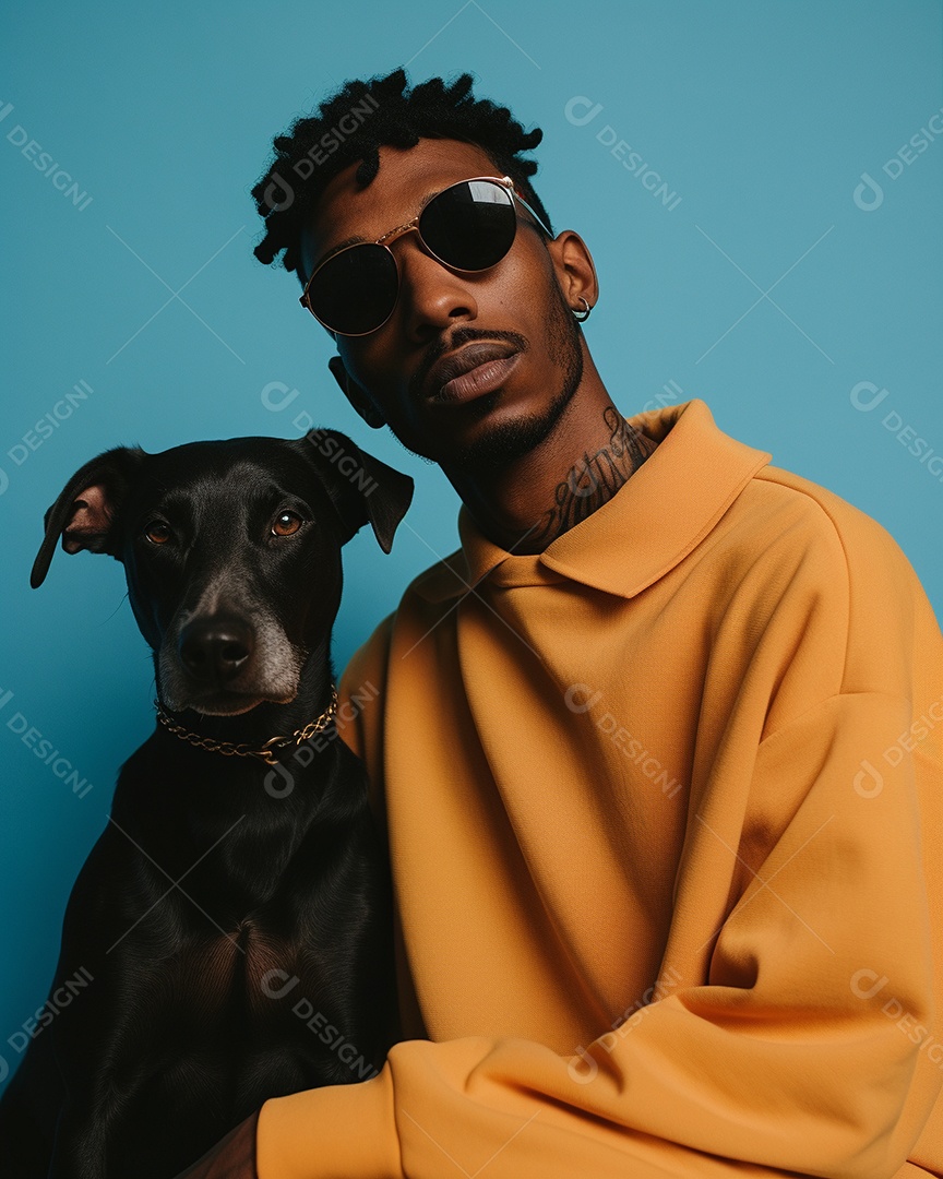 Uma mulher negra com seu cachorro acariciando seu cachorro em um fundo bronzeado