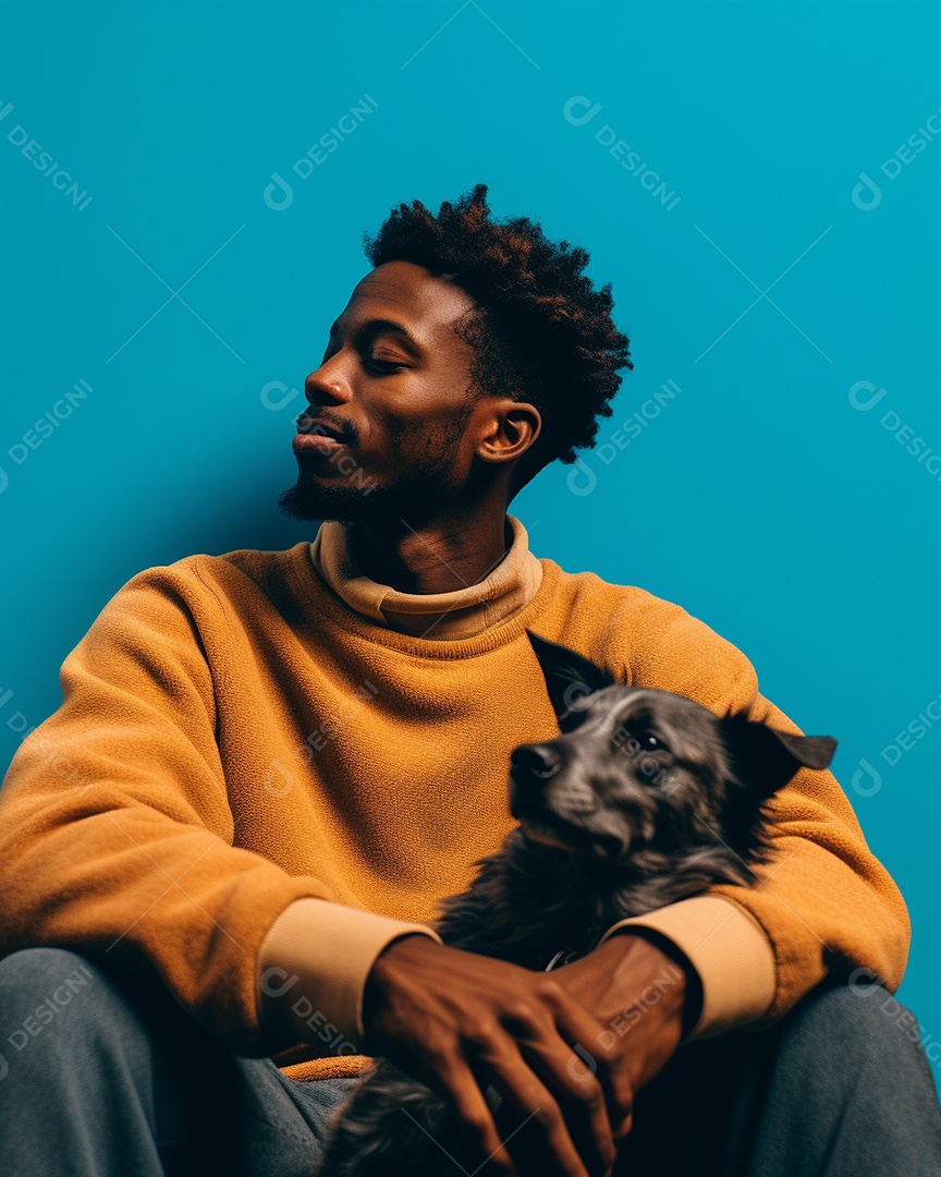 Uma mulher negra com seu cachorro acariciando seu cachorro em um fundo bronzeado